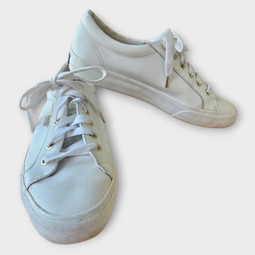 Keds Jump Kick White Leather Sneakers Womens 8 Gold Eyelets WH63681 Low Top‎